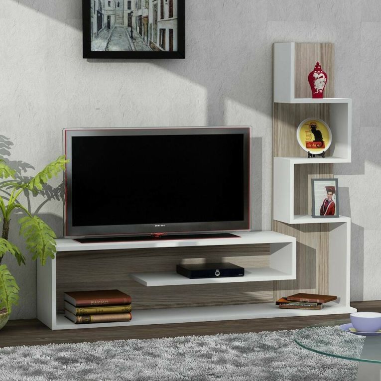Mobile Porta tv Bianco Marrone Rovere 5 Ripiani Cassetti 29.5x22x120.8h cm, 4 Vani - Armeno