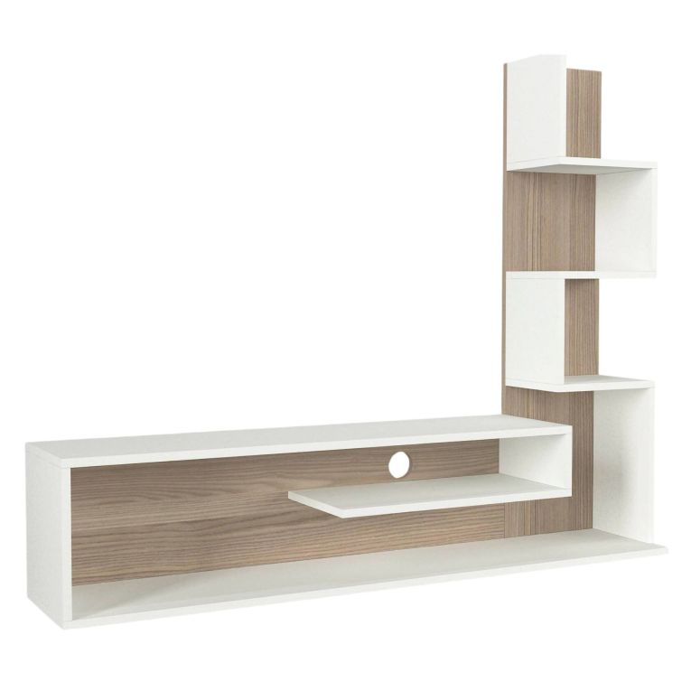 Mobile Porta tv Bianco Marrone Rovere 5 Ripiani Cassetti 29.5x22x120.8h cm, 4 Vani - Armeno