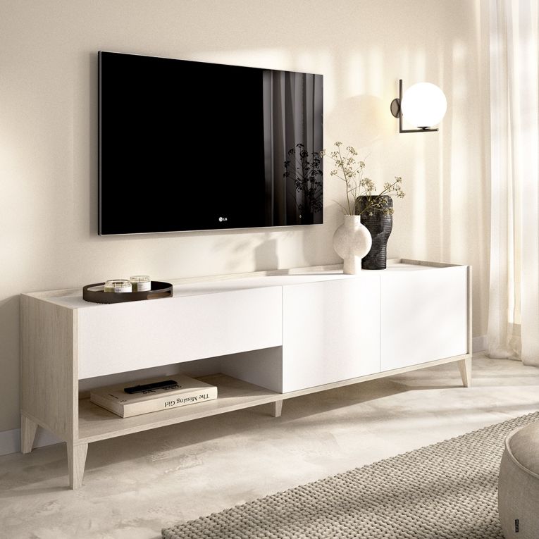 Mobile Porta tv Bianco Marrone Rovere Chiaro Modulabile un Cassetto 39x150x50h cm, 2 Ripiani - Willits