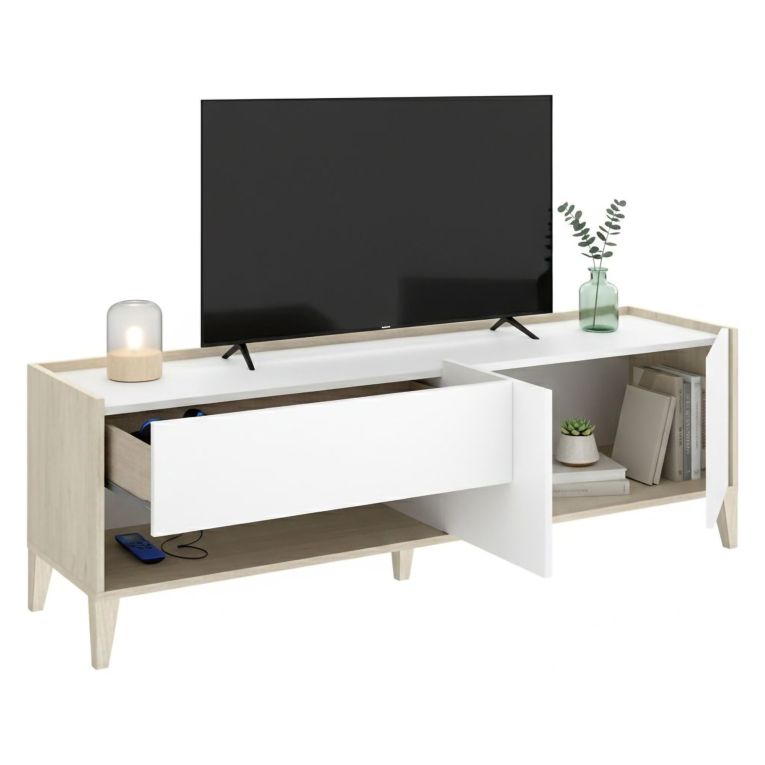 Mobile Porta tv Bianco Marrone Rovere Chiaro Modulabile un Cassetto 39x150x50h cm, 2 Ripiani - Willits