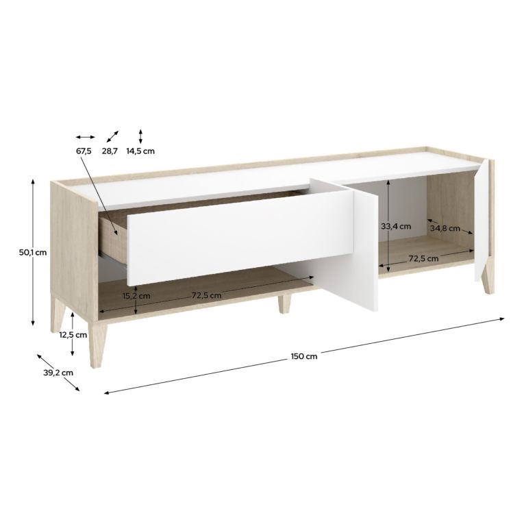 Mobile Porta tv Bianco Marrone Rovere Chiaro Modulabile un Cassetto 39x150x50h cm, 2 Ripiani - Willits