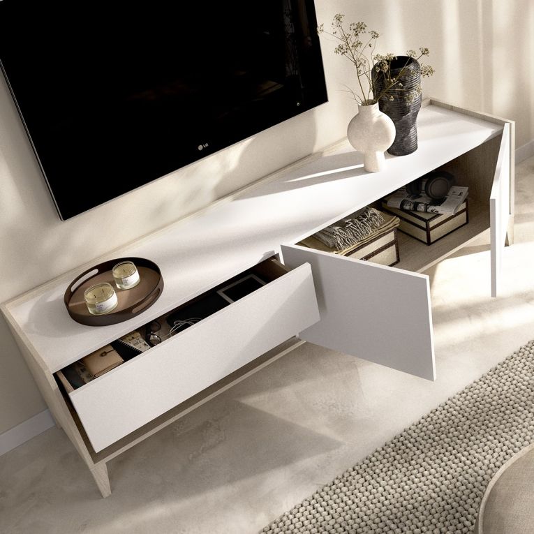 Mobile Porta tv Bianco Marrone Rovere Chiaro Modulabile un Cassetto 39x150x50h cm, 2 Ripiani - Willits