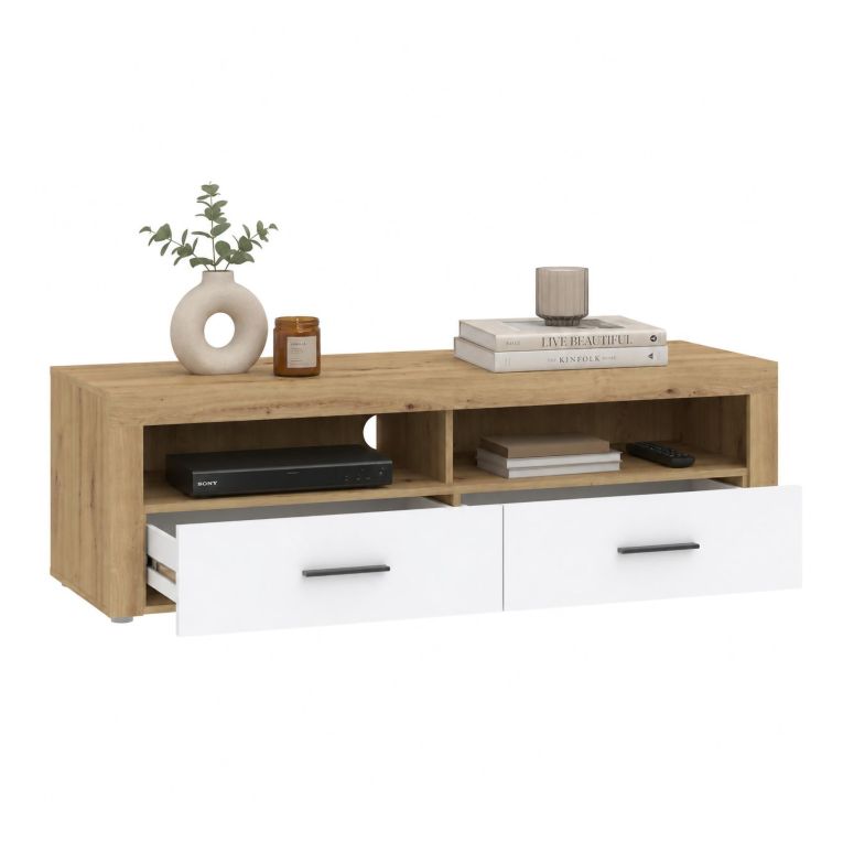 Mobile Porta tv Bianco Marrone Rovere Nodi 2 Cassetti 3 Ripiani 155x50x48h cm, 2 Vani - Lilazafa