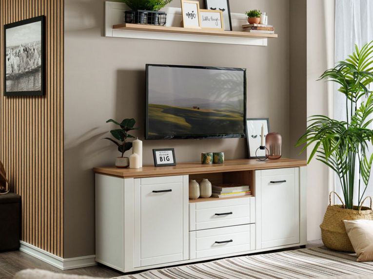 Mobile Porta tv Bianco Marrone Rovere Nodi 2 Cassetti 4 Ripiani 161x41x66.5h cm, 2 Ante - Rotondi