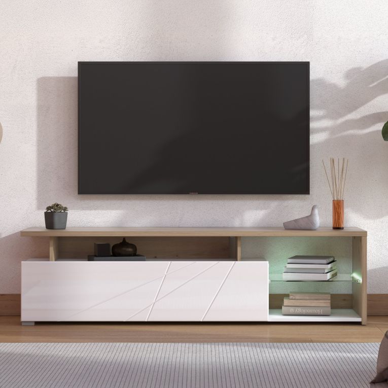 Mobile Porta tv Bianco Marrone Rovere Nodi Cassetti 3 Ripiani 170x41.5x46.5h cm, Un'anta - Induno