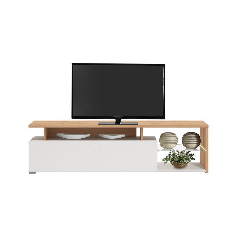 Mobile Porta tv Bianco Marrone Rovere Nodi Cassetti 3 Ripiani 170x41.5x46.5h cm, Un'anta - Induno