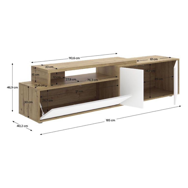 Mobile Porta tv Bianco Marrone Rovere Nodi Modulabile 5 Ripiani 40x185x47h cm, 3 Ante - Benton