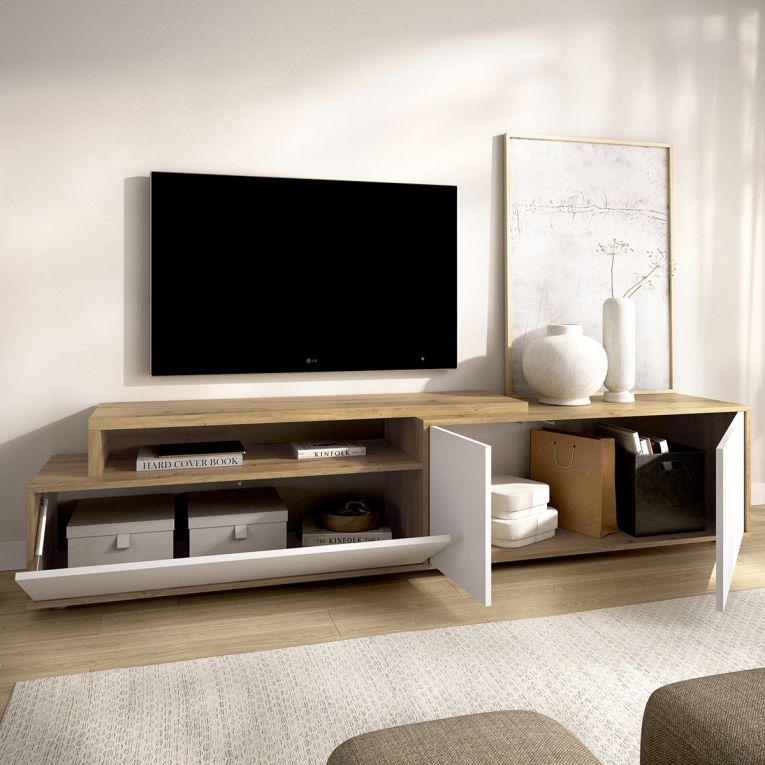 Mobile Porta tv Bianco Marrone Rovere Nodi Modulabile 5 Ripiani 40x185x47h cm, 3 Ante - Benton