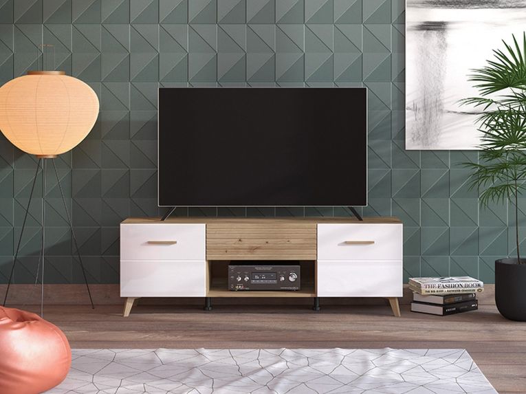 Mobile Porta tv Bianco Marrone Rovere Nodi un Cassetto un Ripiano 147.5x41.5x49h cm, 2 Ante - Morengo