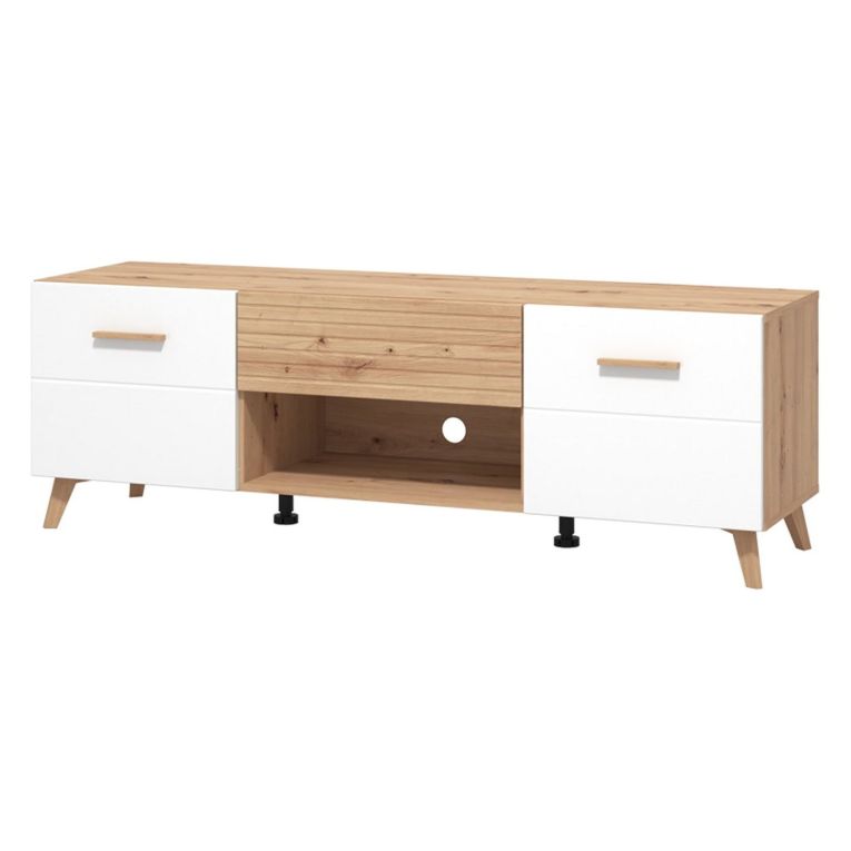 Mobile Porta tv Bianco Marrone Rovere Nodi un Cassetto un Ripiano 147.5x41.5x49h cm, 2 Ante - Morengo