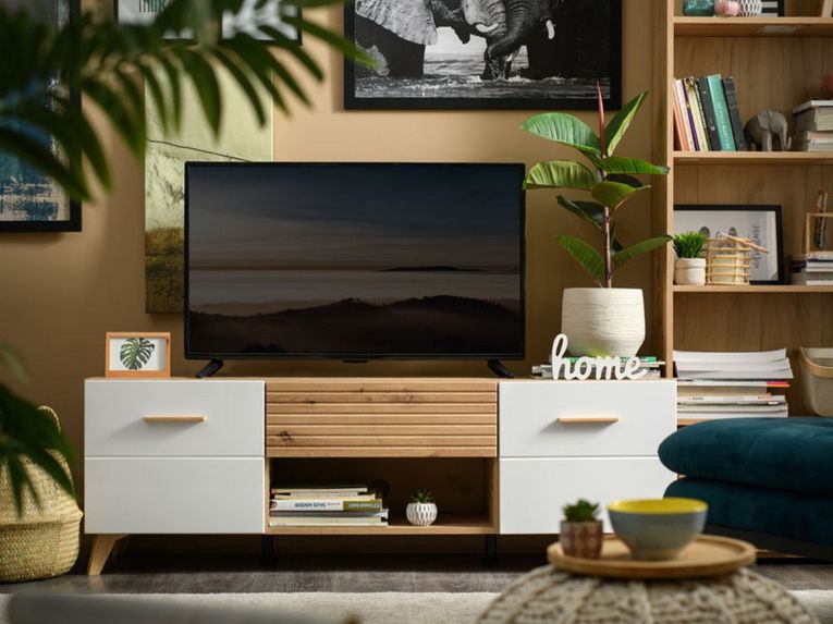 Mobile Porta tv Bianco Marrone Rovere Nodi un Cassetto un Ripiano 147.5x41.5x49h cm, 2 Ante - Morengo