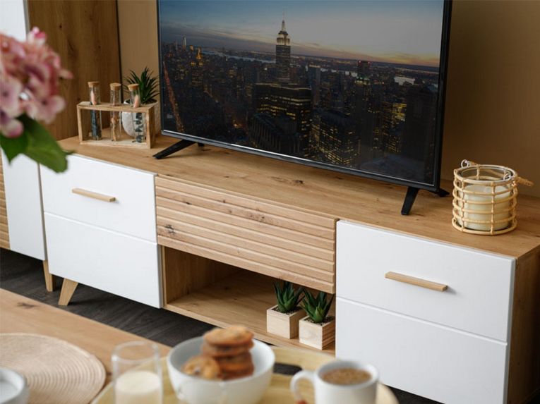 Mobile Porta tv Bianco Marrone Rovere Nodi un Cassetto un Ripiano 147.5x41.5x49h cm, 2 Ante - Morengo