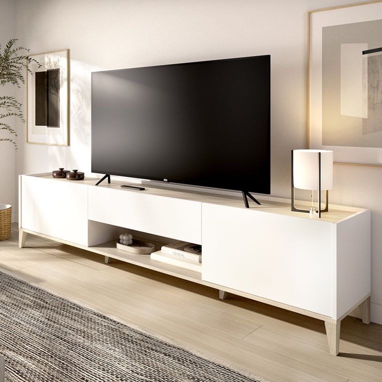 Mobile Porta tv Bianco Marrone Rovere un Cassetto 4 Ripiani 39x197x50h cm, 2 Ante - Yreka