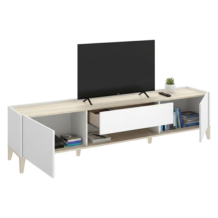 Mobile Porta tv Bianco Marrone Rovere un Cassetto 4 Ripiani 39x197x50h cm, 2 Ante - Yreka