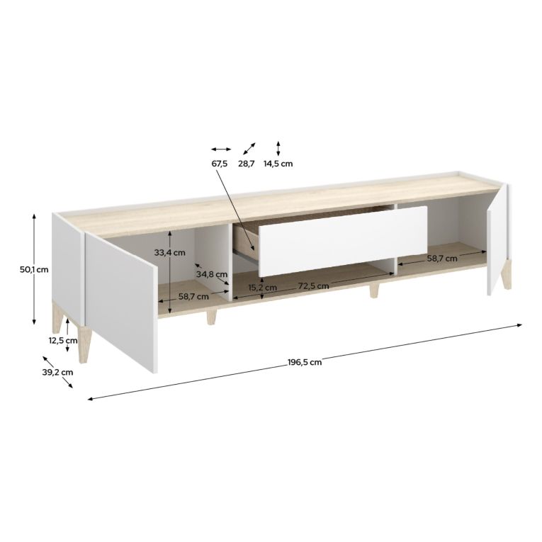 Mobile Porta tv Bianco Marrone Rovere un Cassetto 4 Ripiani 39x197x50h cm, 2 Ante - Yreka