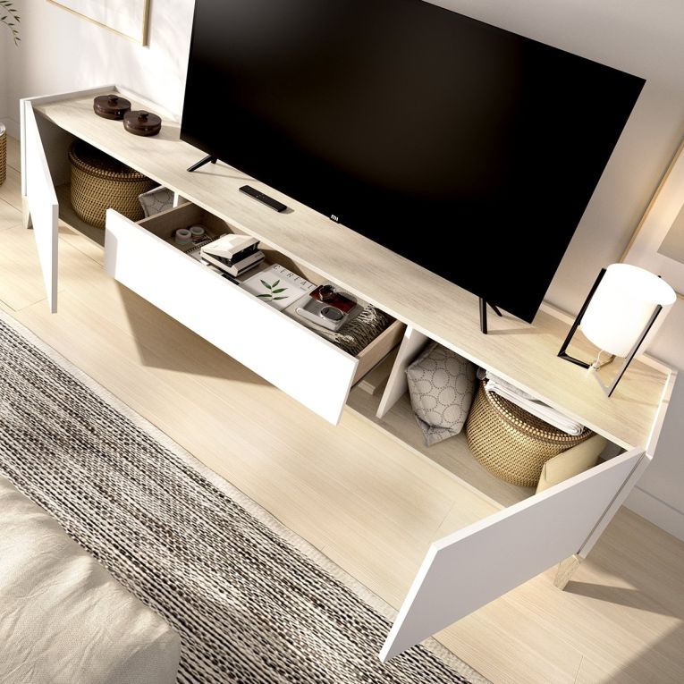 Mobile Porta tv Bianco Marrone Rovere un Cassetto 4 Ripiani 39x197x50h cm, 2 Ante - Yreka