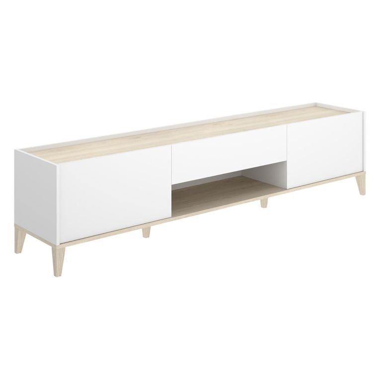 Mobile Porta tv Bianco Marrone Rovere un Cassetto 4 Ripiani 39x197x50h cm, 2 Ante - Yreka