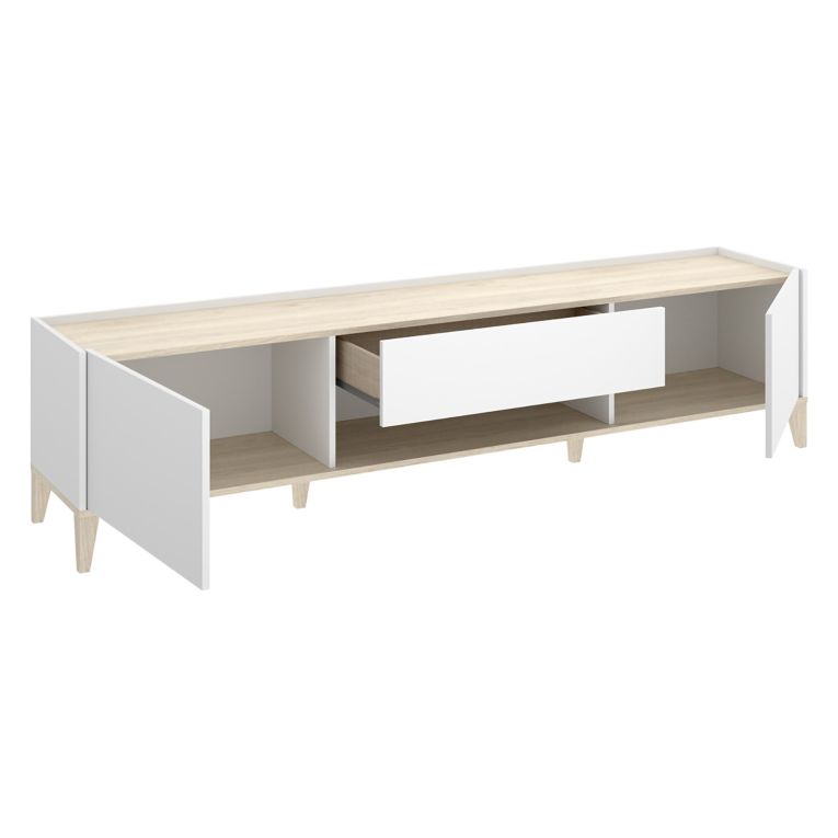 Mobile Porta tv Bianco Marrone Rovere un Cassetto 4 Ripiani 39x197x50h cm, 2 Ante - Yreka
