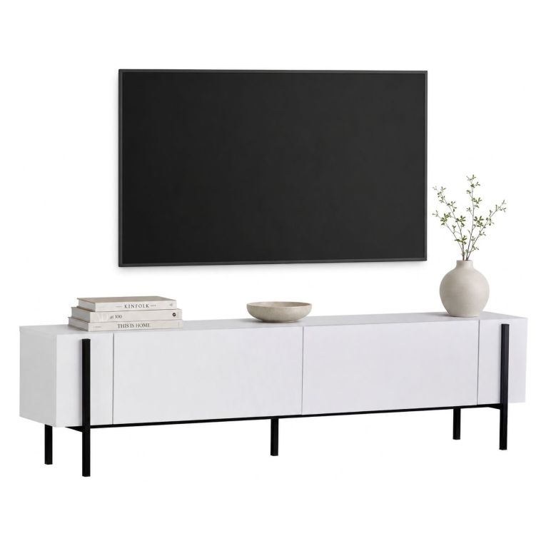 Mobile Porta tv Bianco Nero 2 Ante 4 Vani 180x30x45h cm, Apertura a Ribalta - Noga