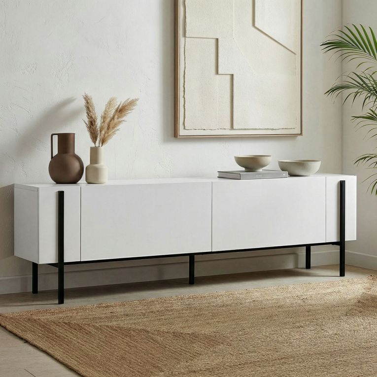 Mobile Porta tv Bianco Nero 2 Ante 4 Vani 180x30x45h cm, Apertura a Ribalta - Noga