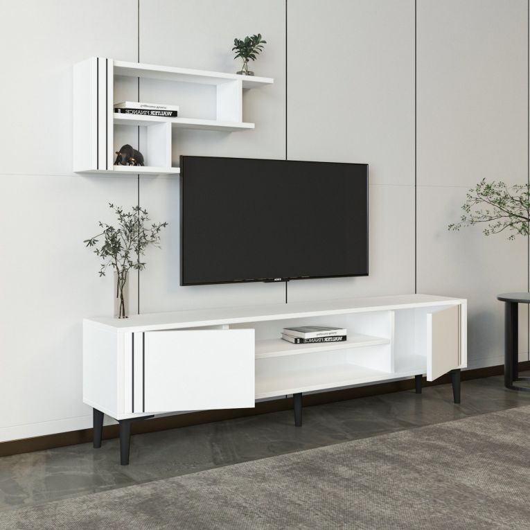 Mobile Porta tv Bianco Nero 3 Ripiani 2 Ante 140x30x45h cm, con Mensola Inclusa - Tusa