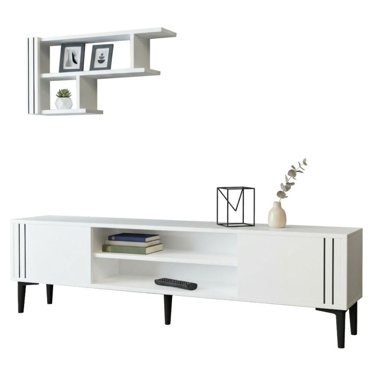 Mobile Porta tv Bianco Nero 3 Ripiani 2 Ante 140x30x45h cm, con Mensola Inclusa - Tusa