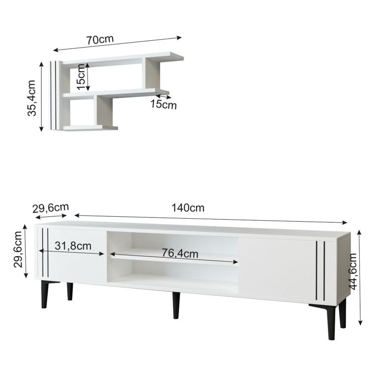 Mobile Porta tv Bianco Nero 3 Ripiani 2 Ante 140x30x45h cm, con Mensola Inclusa - Tusa