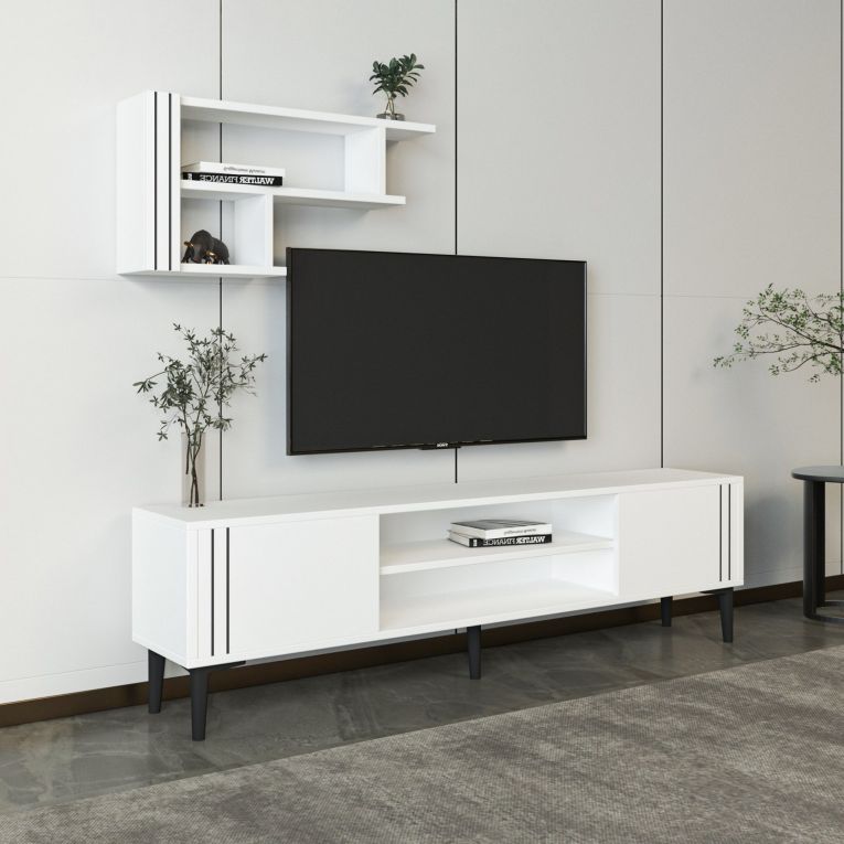 Mobile Porta tv Bianco Nero 3 Ripiani 2 Ante 140x30x45h cm, con Mensola Inclusa - Tusa