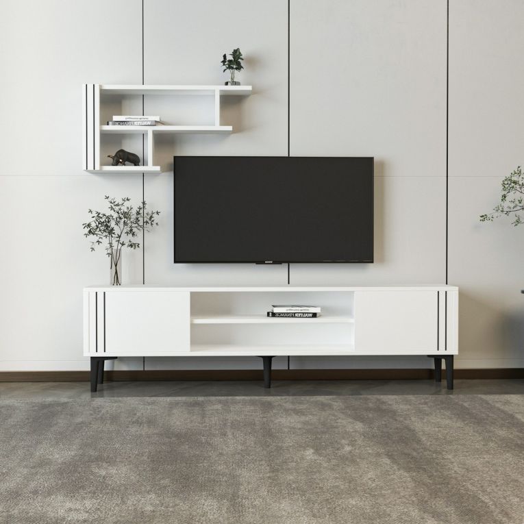 Mobile Porta tv Bianco Nero 3 Ripiani 2 Ante 140x30x45h cm, con Mensola Inclusa - Tusa