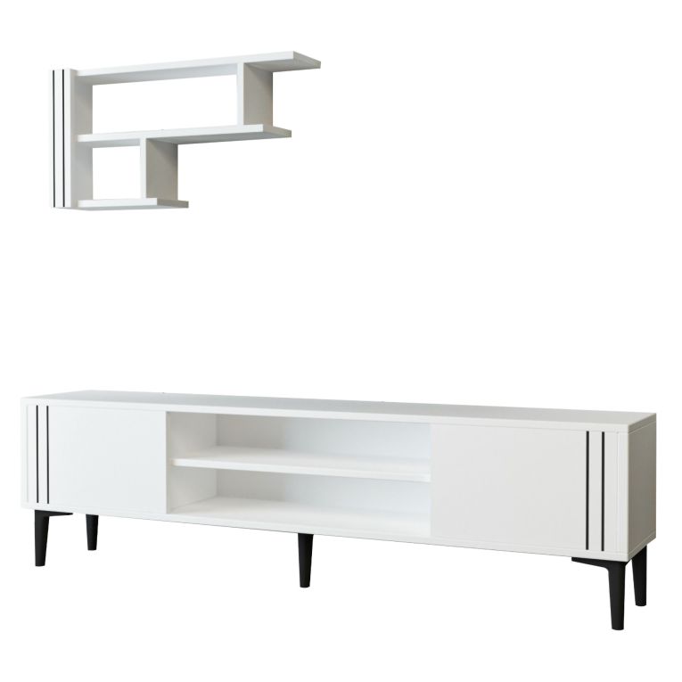 Mobile Porta tv Bianco Nero 3 Ripiani 2 Ante 140x30x45h cm, con Mensola Inclusa - Tusa
