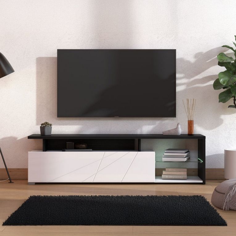 Mobile Porta tv Bianco Nero Antracite 6 Ripiani Un'anta 170x41.5x46.5h cm, Dettaglio Geometrico, Ripiano in Vetro - Induno
