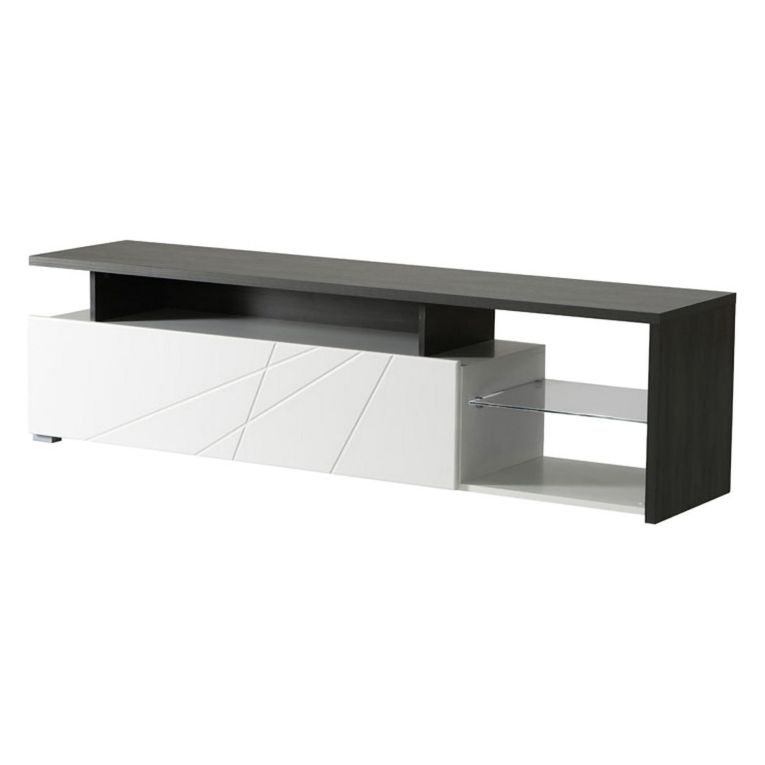 Mobile Porta tv Bianco Nero Antracite 6 Ripiani Un'anta 170x41.5x46.5h cm, Dettaglio Geometrico, Ripiano in Vetro - Induno