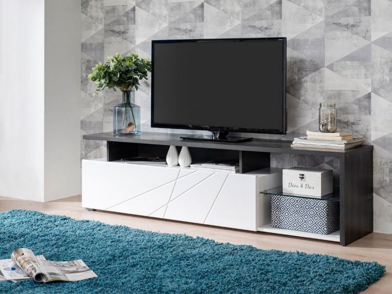 Mobile Porta tv Bianco Nero Antracite 6 Ripiani Un'anta 170x41.5x46.5h cm, Dettaglio Geometrico, Ripiano in Vetro - Induno