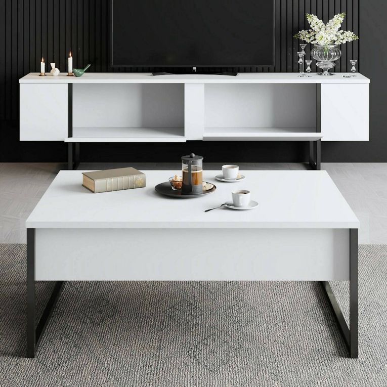 Mobile Porta tv Bianco Nero Cassetti un Ripiano 180x30x50h cm, 2 Ante - Abishia