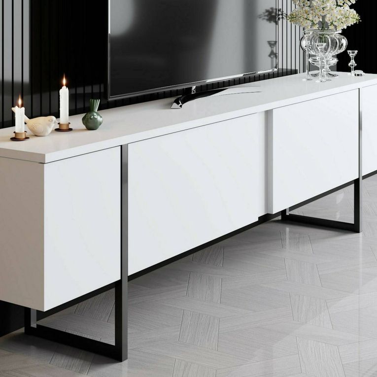 Mobile Porta tv Bianco Nero Cassetti un Ripiano 180x30x50h cm, 2 Ante - Abishia