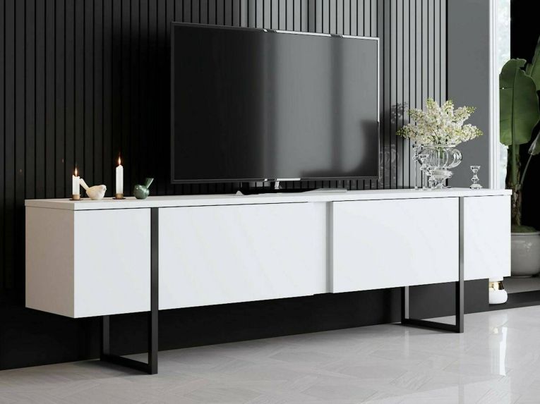 Mobile Porta tv Bianco Nero Cassetti un Ripiano 180x30x50h cm, 2 Ante - Abishia