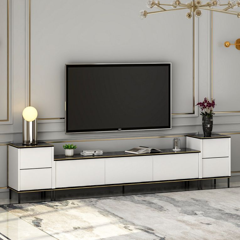 Mobile Porta tv Bianco Nero Marmo 2 Ripiani 5 Ante 260x35x45h cm, con Finiture oro - Cortin