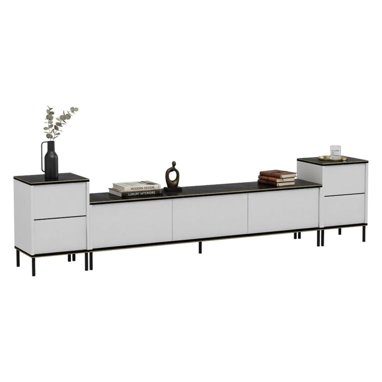 Mobile Porta tv Bianco Nero Marmo 2 Ripiani 5 Ante 260x35x45h cm, con Finiture oro - Cortin