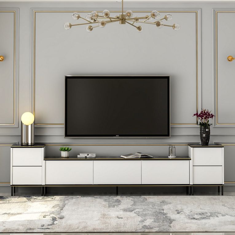 Mobile Porta tv Bianco Nero Marmo 2 Ripiani 5 Ante 260x35x45h cm, con Finiture oro - Cortin