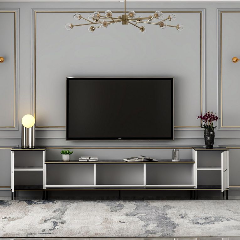 Mobile Porta tv Bianco Nero Marmo 2 Ripiani 5 Ante 260x35x45h cm, con Finiture oro - Cortin