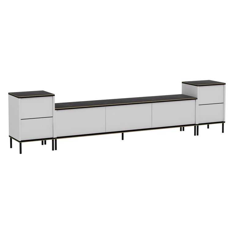 Mobile Porta tv Bianco Nero Marmo 2 Ripiani 5 Ante 260x35x45h cm, con Finiture oro - Cortin