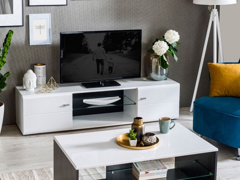 Mobile Porta tv Bianco Nero un Ripiano 2 Ante 170x41.5x41.5h cm, Ripiano in Vetro - Furci
