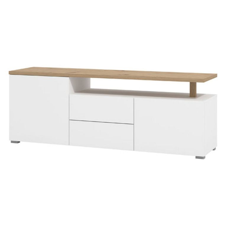 Mobile Porta tv Bianco Opaco Marrone Rovere 2 Cassetti 2 Ripiani 154x40x55.5h cm, Apertura Battente, Scorrevole - Melzo