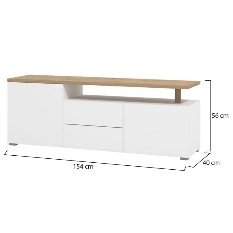 Mobile Porta tv Bianco Opaco Marrone Rovere 2 Cassetti 2 Ripiani 154x40x55.5h cm, Apertura Battente, Scorrevole - Melzo