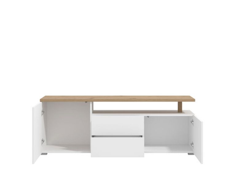 Mobile Porta tv Bianco Opaco Marrone Rovere 2 Cassetti 2 Ripiani 154x40x55.5h cm, Apertura Battente, Scorrevole - Melzo