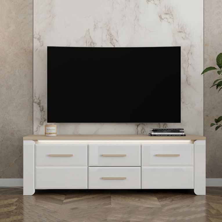 Mobile Porta tv Bianco Opaco Marrone Rovere 2 Cassetti un Ripiano 154x40x50h cm, 2 Ante - Aramo