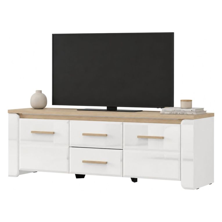 Mobile Porta tv Bianco Opaco Marrone Rovere 2 Cassetti un Ripiano 154x40x50h cm, 2 Ante - Aramo