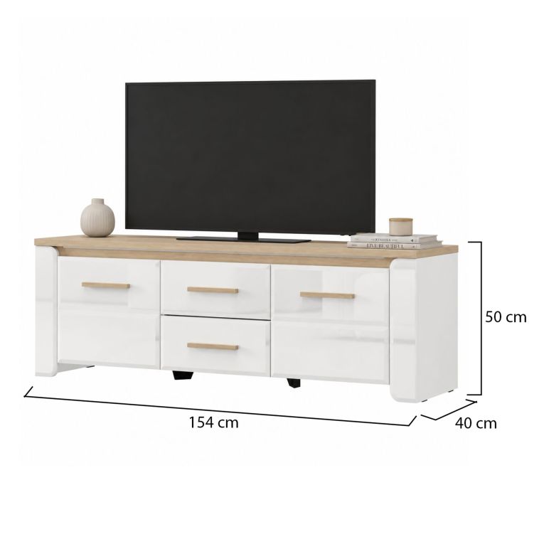 Mobile Porta tv Bianco Opaco Marrone Rovere 2 Cassetti un Ripiano 154x40x50h cm, 2 Ante - Aramo