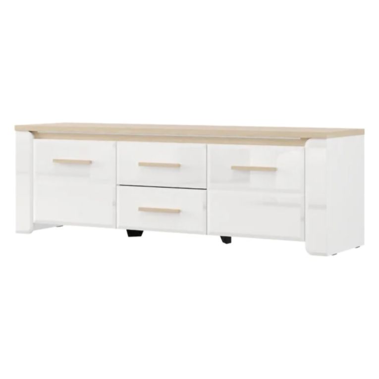 Mobile Porta tv Bianco Opaco Marrone Rovere 2 Cassetti un Ripiano 154x40x50h cm, 2 Ante - Aramo