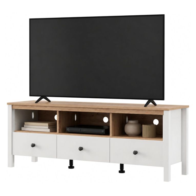 Mobile Porta tv Bianco Opaco Marrone Rovere 3 Cassetti 4 Ripiani 143x40x54h cm, con Piedini - Tiarno